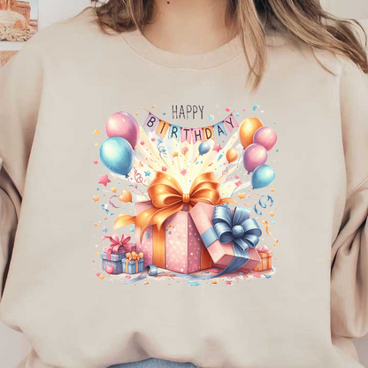 Celebrate in style with this vibrant birthday illustration featuring beautifully wrapped gifts, colorful balloons, and festive decorations!DTF Transfers