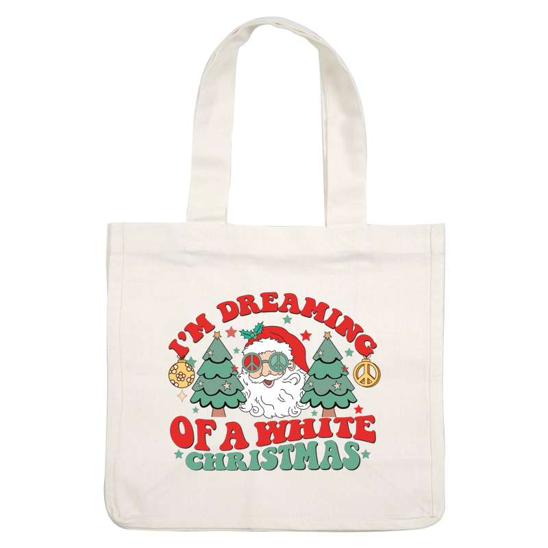 A whimsical Christmas design featuring a cheerful Santa with peace sign glasses, surrounded by festive trees and playful text. dtf transfers