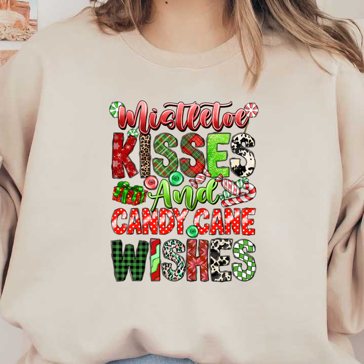 Celebrate the festive season with this colorful design featuring the cheerful phrase "Mistletoe Kisses and Candy Cane Wishes."DTF Transfers dtf prints