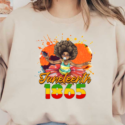 Celebrate Juneteenth with this vibrant illustration featuring a joyful character, colorful attire, and the year "1865" prominently displayed. dtf transfers