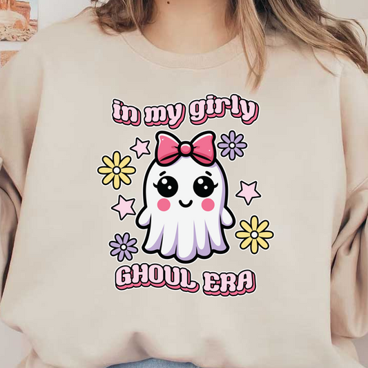 Un lindo gráfico de fantasma en colores pastel con un lazo, rodeado de flores y estrellas, resalta la divertida frase "en mi era de ghoul femenina".