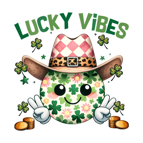 Un alegre personaje con estampado de flores y sombrero de vaquero promueve "Lucky Vibes" rodeado de tréboles y monedas.