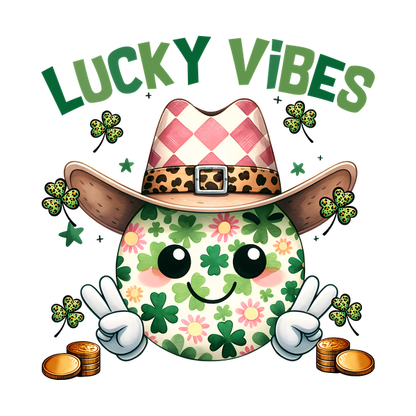 Un alegre personaje con estampado de flores y sombrero de vaquero promueve "Lucky Vibes" rodeado de tréboles y monedas.