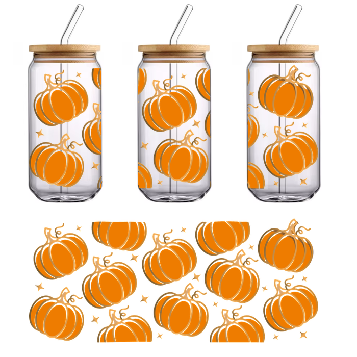 A playful pattern featuring vibrant orange pumpkins with curly stems, perfect for celebrating autumn and Halloween!UV Transfers heat press transfers