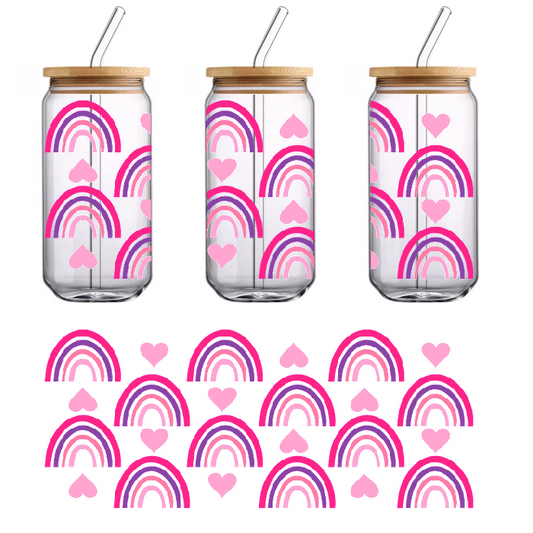 Rainbow design with hearts and bows in pink and purple.UV Transfers