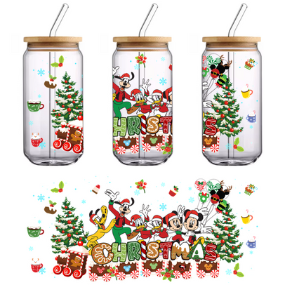 Celebrate the festive spirit with Mickey and friends, decked out in Santa hats, surrounded by Christmas trees and colorful decorations!UV Transfers dtf prints