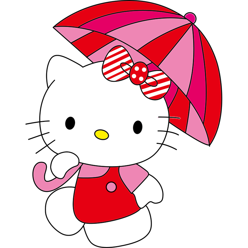 Cute Hello Kitty character holding a colorful striped umbrella, adorned with a red dress and a polka-dot bow.DTF Transfers