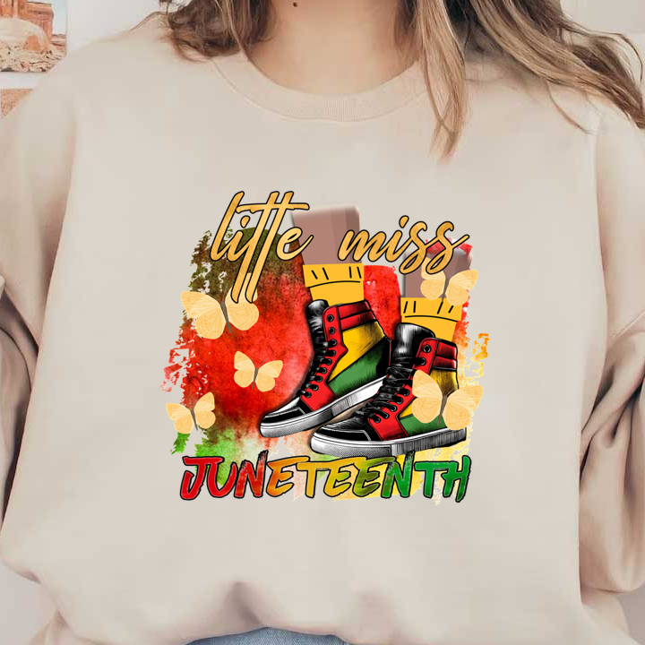 Una ilustración vibrante que presenta elegantes zapatillas altas en rojo, verde y amarillo, que celebran el Juneteenth con mariposas coloridas.