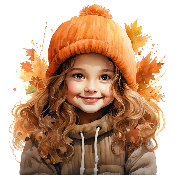 A cheerful girl with curly hair wears an orange knit hat and a cozy jacket, surrounded by colorful autumn leaves.dtf regular iron