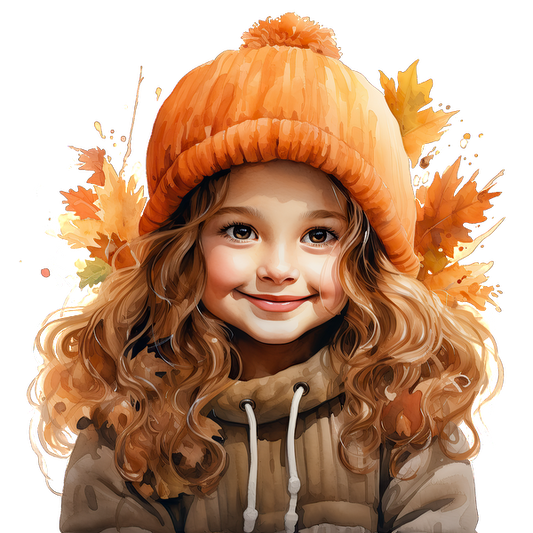 A cheerful girl with curly hair wears an orange knit hat and a cozy jacket, surrounded by colorful autumn leaves.dtf regular iron