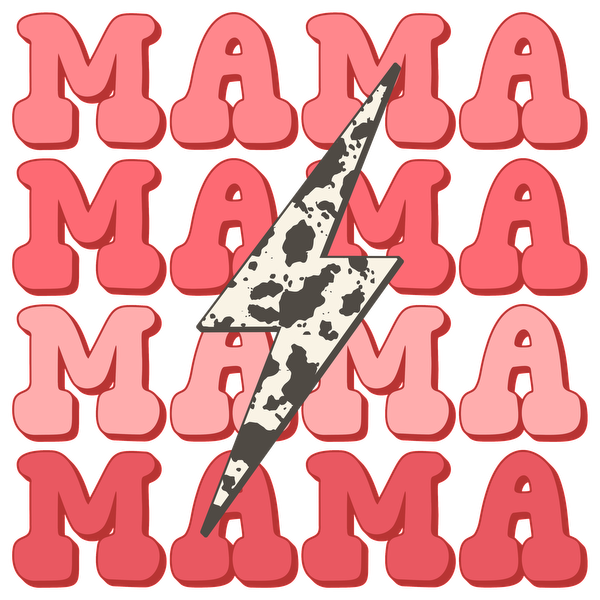 A playful design featuring the word "MAMA" in varying shades of pink, accented by a striking lightning bolt. heat press transfers