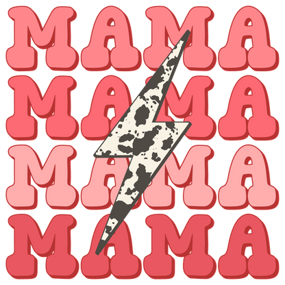 A playful design featuring the word "MAMA" in varying shades of pink, accented by a striking lightning bolt. heat press transfers