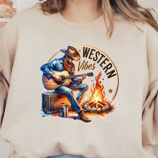 A cowboy strums a guitar by a campfire, embodying classic Western vibes with a vintage suitcase and a rustic setting. heat press transfers