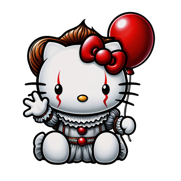 This playful illustration features a cute Hello Kitty dressed as a clown, complete with a red balloon and whimsical details.DTF Transfers