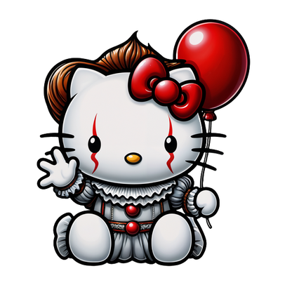 This playful illustration features a cute Hello Kitty dressed as a clown, complete with a red balloon and whimsical details.DTF Transfers