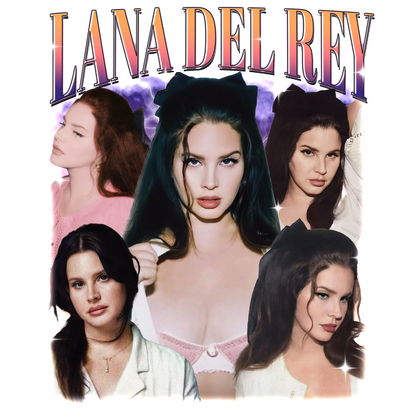 A vibrant collage featuring various poses of Lana Del Rey, showcasing her distinctive style and iconic beauty.DTF Transfers dtf transfers