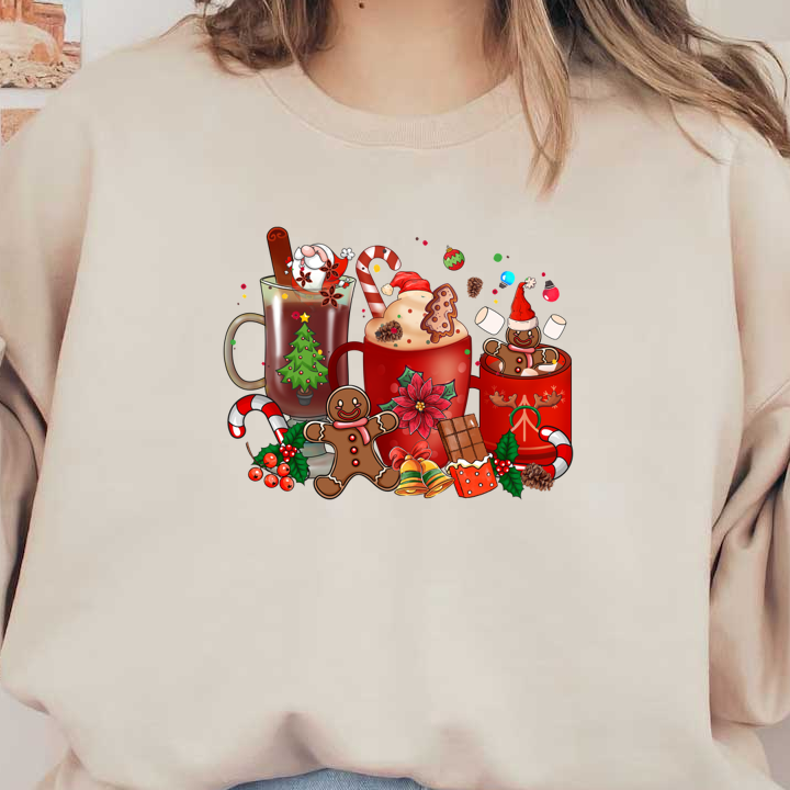 A festive assortment of holiday-themed mugs, gingerbread cookies, candy canes, and seasonal decorations, perfect for celebrating Christmas!dtf regular iron