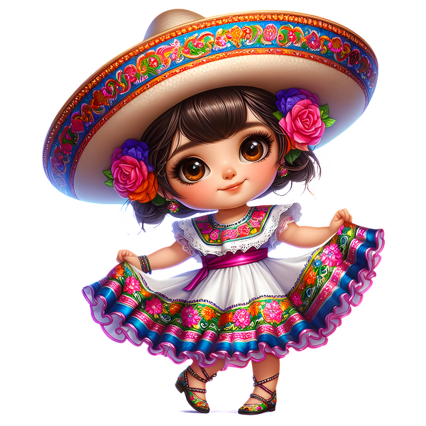 Una encantadora niña con un vibrante vestido tradicional mexicano y sombrero, adornada con flores, irradiando alegría cultural.