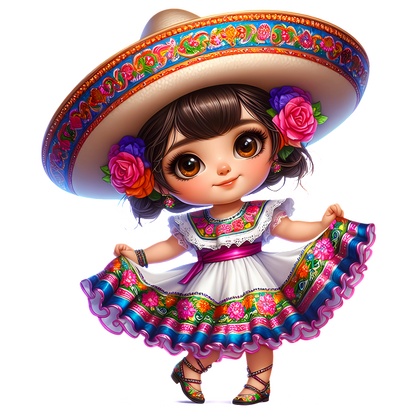 Una encantadora niña con un vibrante vestido tradicional mexicano y sombrero, adornada con flores, irradiando alegría cultural.