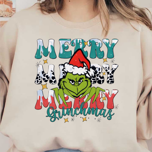 Celebre las fiestas con este divertido diseño "Merry Grinchmas" que presenta un travieso Grinch con un festivo gorro de Papá Noel. Transferencias DTF