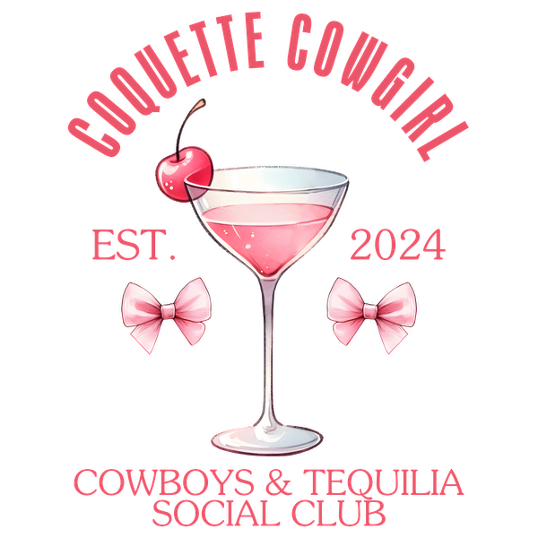 Logotipo divertido que presenta un cóctel rosa con una cereza, flanqueado por lazos, que representa al club social Coquette Cowgirl, fundado en 2024.