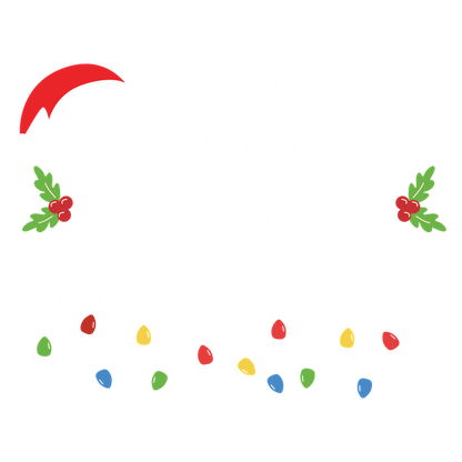 A playful holiday design featuring the phrase "Most Likely to Return the Gift You Gave," adorned with festive elements.DTF Transfers dtf transfersdtf regular iron