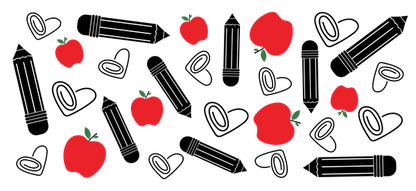 Una ilustración divertida de manzanas rojas vibrantes con hojas verdes, esparcidas sobre un fondo simple. Transferencias UV