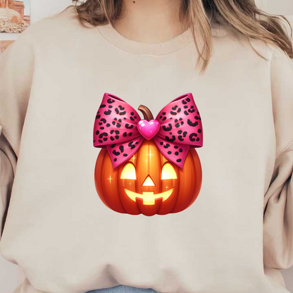 A cheerful Halloween pumpkin adorned with a bright pink leopard print bow and a heart, perfect for festive decor! heat press transfers