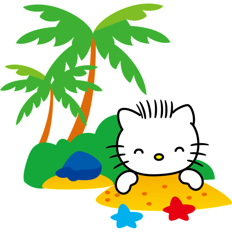 This cheerful illustration features a cute cartoon cat with a playful smile, surrounded by sandy beaches and tropical palm trees.DTF Transfers