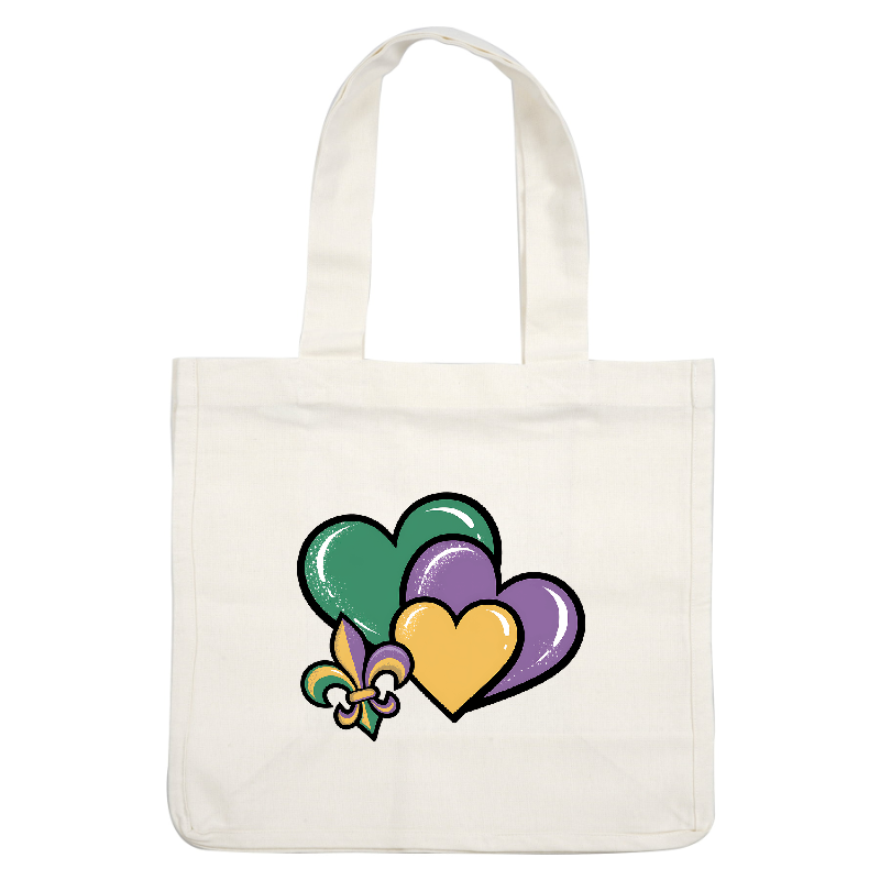 A vibrant design featuring three colorful hearts in green, purple, and yellow, complemented by a decorative fleur-de-lis.DTF Transfers