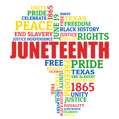 A colorful word cloud highlighting themes of Juneteenth, including words like "freedom," "unity," "justice," and "Texas 1865." heat press transfers