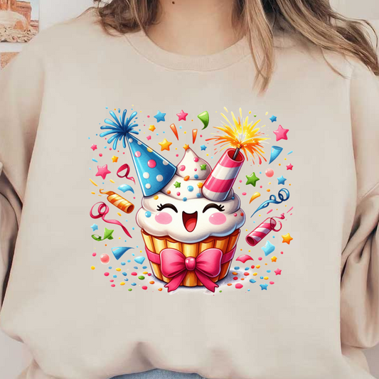 A cheerful cupcake with a big smile, festive party hats, and colorful decorations, perfect for celebrations and joyful moments!DTF Transfers