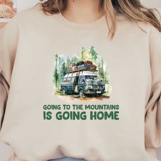 A vintage Volkswagen van, loaded with outdoor gear, set against a lush, mountainous backdrop, conveys the spirit of adventure. dtf prints