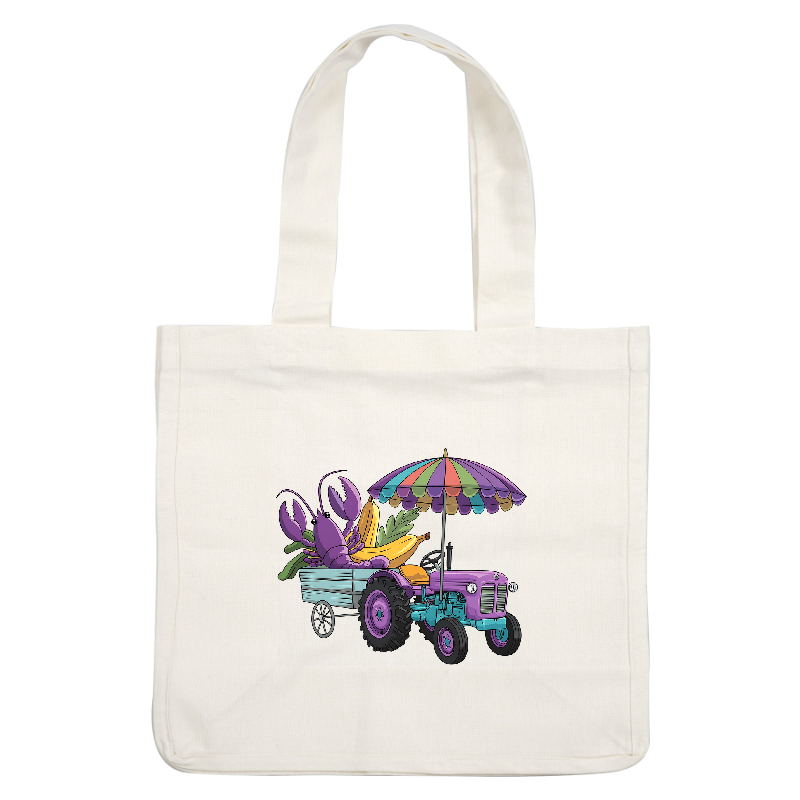 A colorful cartoon tractor hauling vibrant fruits and vegetables, topped with an eye-catching striped umbrella for a lively touch.DTF Transfers