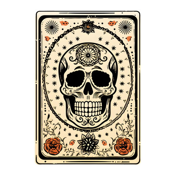 Una ilustración decorativa que presenta una calavera rodeada de elementos florales y diseños intrincados, perfecta para Halloween o el Día de los Muertos.