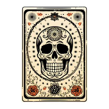 Una ilustración decorativa que presenta una calavera rodeada de elementos florales y diseños intrincados, perfecta para Halloween o el Día de los Muertos.