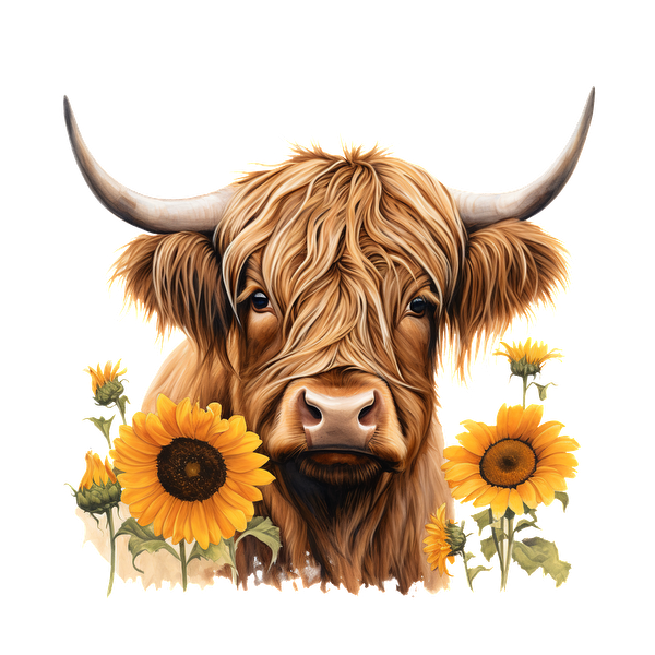 Una encantadora vaca de las Highlands enmarcada por vibrantes girasoles, que resalta sus distintivos cuernos y su pelaje esponjoso.