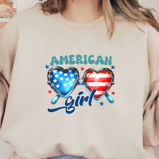 Vibrant graphic featuring heart-shaped glasses with American flag designs, accompanied by "AMERICAN girl" text in playful lettering.