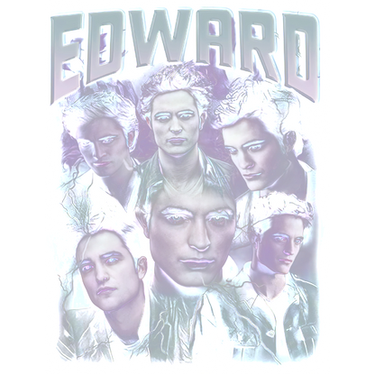 A vibrant graphic featuring multiple stylized images of a character named Edward, highlighted with striking blue accents.DTF Transfersdtf regular iron