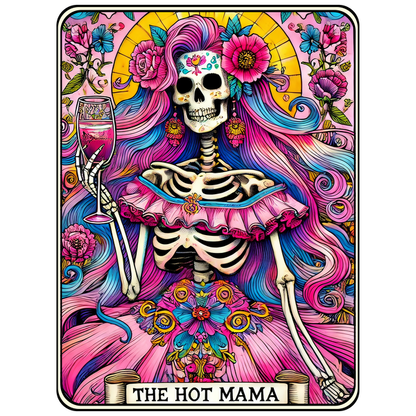 Una ilustración vibrante y colorida de una figura esquelética con un vestido floral sosteniendo una bebida, titulada "The Hot Mama".