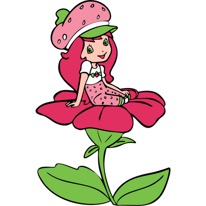 This charming cartoon character sits on a vibrant pink flower, dressed in a strawberry-themed outfit and a cheerful cap.DTF Transfers