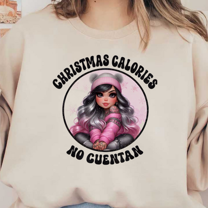 Una alegre ilustración que presenta a una niña con un suéter y un gorro rosa con la divertida cita "Las calorías de Navidad no cuentan".