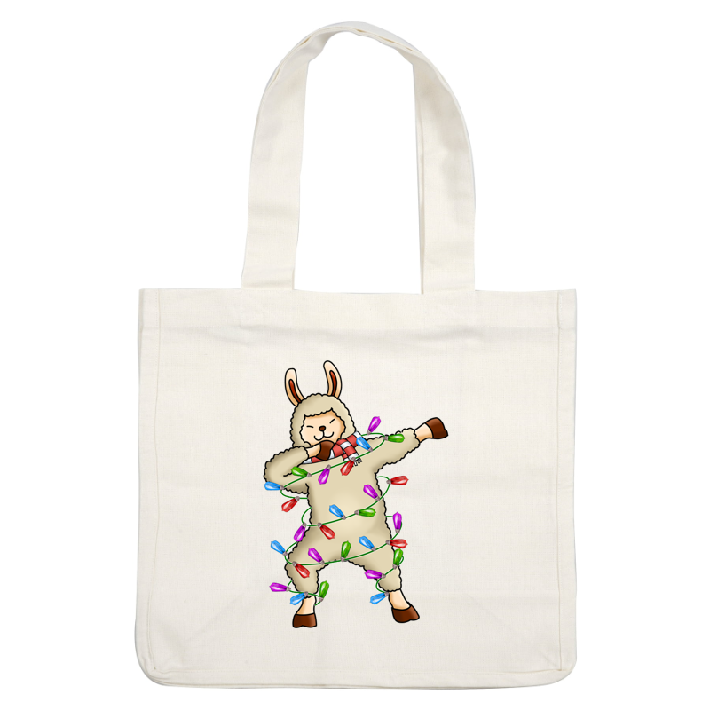 A cheerful cartoon llama, wrapped in colorful Christmas lights, playfully dancing while wearing a festive scarf. heat press transfers