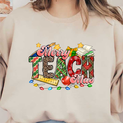 Celebrate the season with a vibrant "Merry Teach Mas" design, featuring colorful letters, festive decorations, and playful school-themed elements!DTF Transfers dtf prints