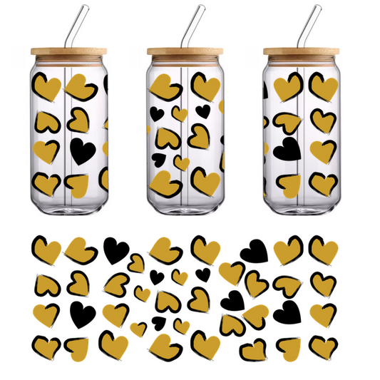 A whimsical collection of golden hearts scattered playfully against a black background, perfect for adding a touch of love.UV Transfers heat press transfers