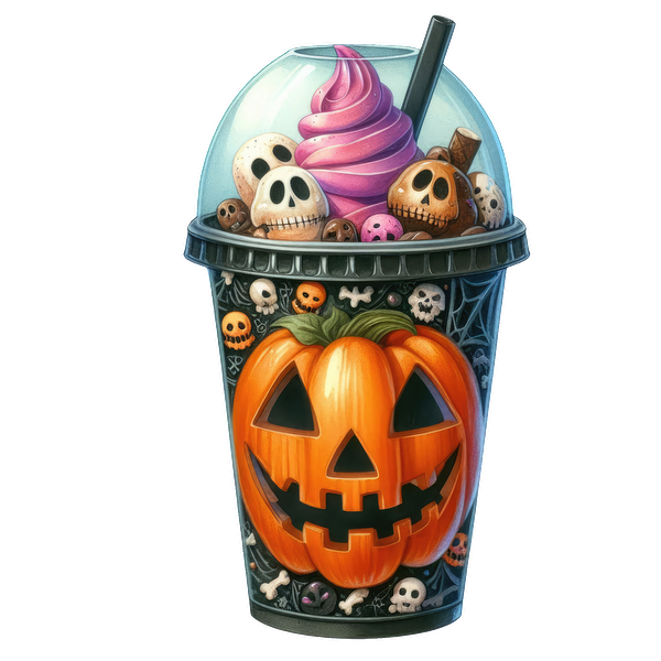 A festive Halloween-themed drink featuring a smiling pumpkin cup, topped with purple swirl ice cream and skull decorations.dtf regular iron