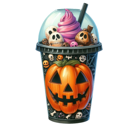 A festive Halloween-themed drink featuring a smiling pumpkin cup, topped with purple swirl ice cream and skull decorations.dtf regular iron