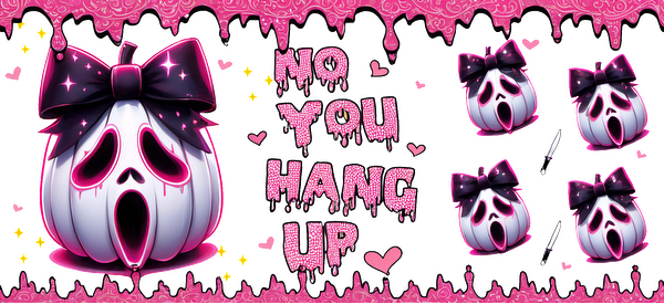 A whimsical, pink and black graphic featuring a ghostly pumpkin with a bow and playful text, perfect for Halloween vibes.UV Transfers dtf prints