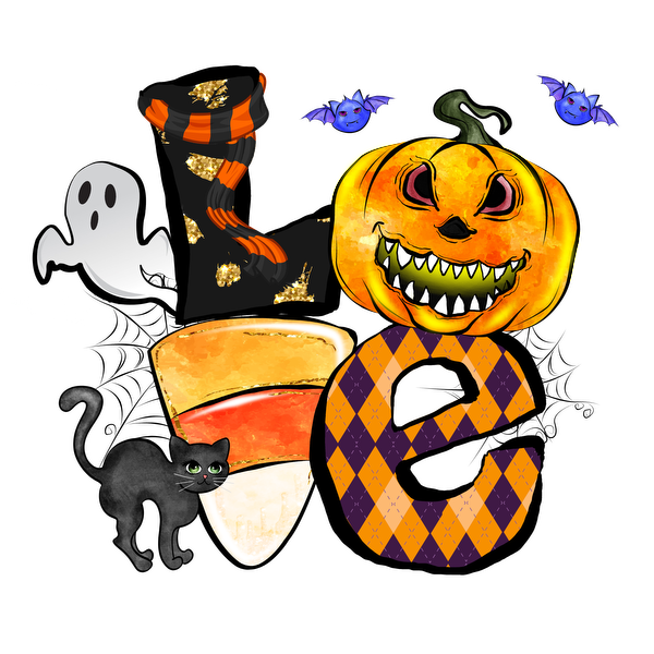 A vibrant Halloween-themed illustration featuring a mischievous pumpkin, ghost, cat, candy corn, and flying bats in playful colors. dtf prints