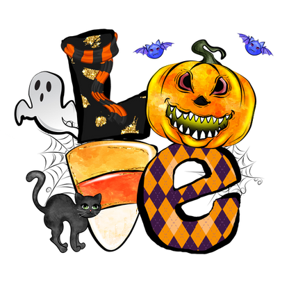 A vibrant Halloween-themed illustration featuring a mischievous pumpkin, ghost, cat, candy corn, and flying bats in playful colors. dtf prints